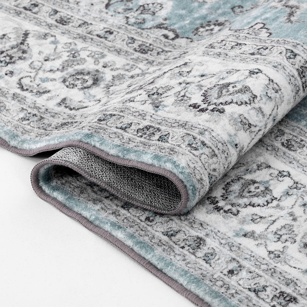 Tapis oriental vintage GARVEE 160 x 230 cm | Antidérapant, résistant à l'eau et aux taches, à poils courts | Tapis classique pour salon, bleu clair