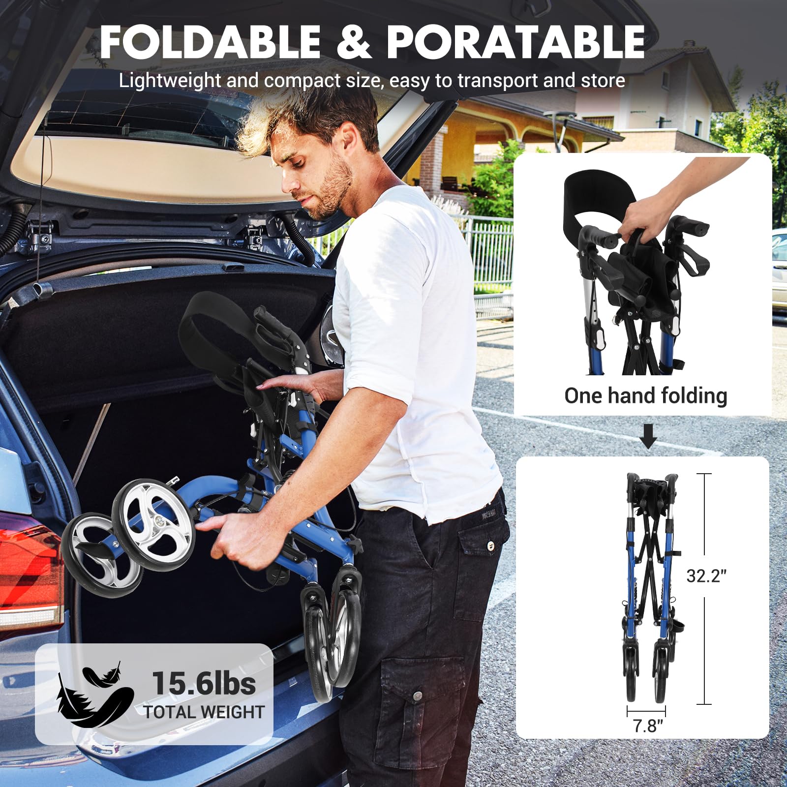 Garvee Déambulateur fauteuil 2 en 1 pour adulte, aluminium aérospatial léger, pliable et réglable, sans amortisseurs, roues à noyau argent, usage médical et extérieur, bleu et noir