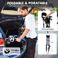 Garvee Déambulateur fauteuil 2 en 1 pour adulte, aluminium aérospatial léger, pliable et réglable, sans amortisseurs, roues à noyau argent, usage médical et extérieur, bleu et noir
