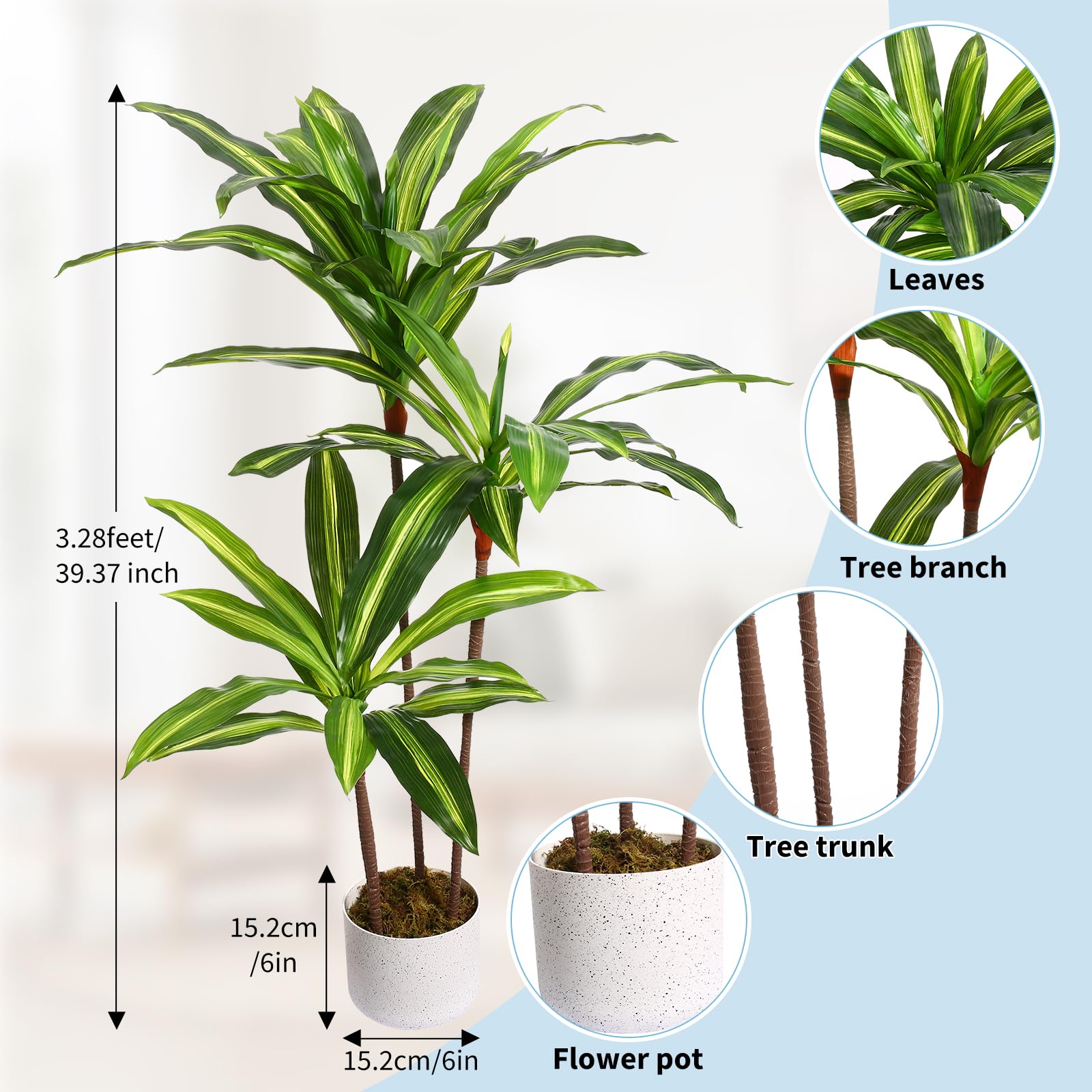 Arbre dracaena artificiel Garvee de 1 m (3,3 pi) avec pot en ciment robuste pour salon et bureau, résistant aux UV, facile d'entretien, vert