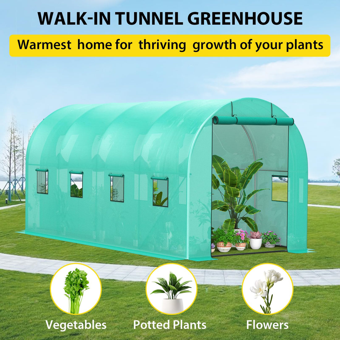 Serre Garvee 2,1 × 4,5 × 2,1 m – Serre à structure métallique avec 2 portes et 8 fenêtres pour le jardin et l'extérieur