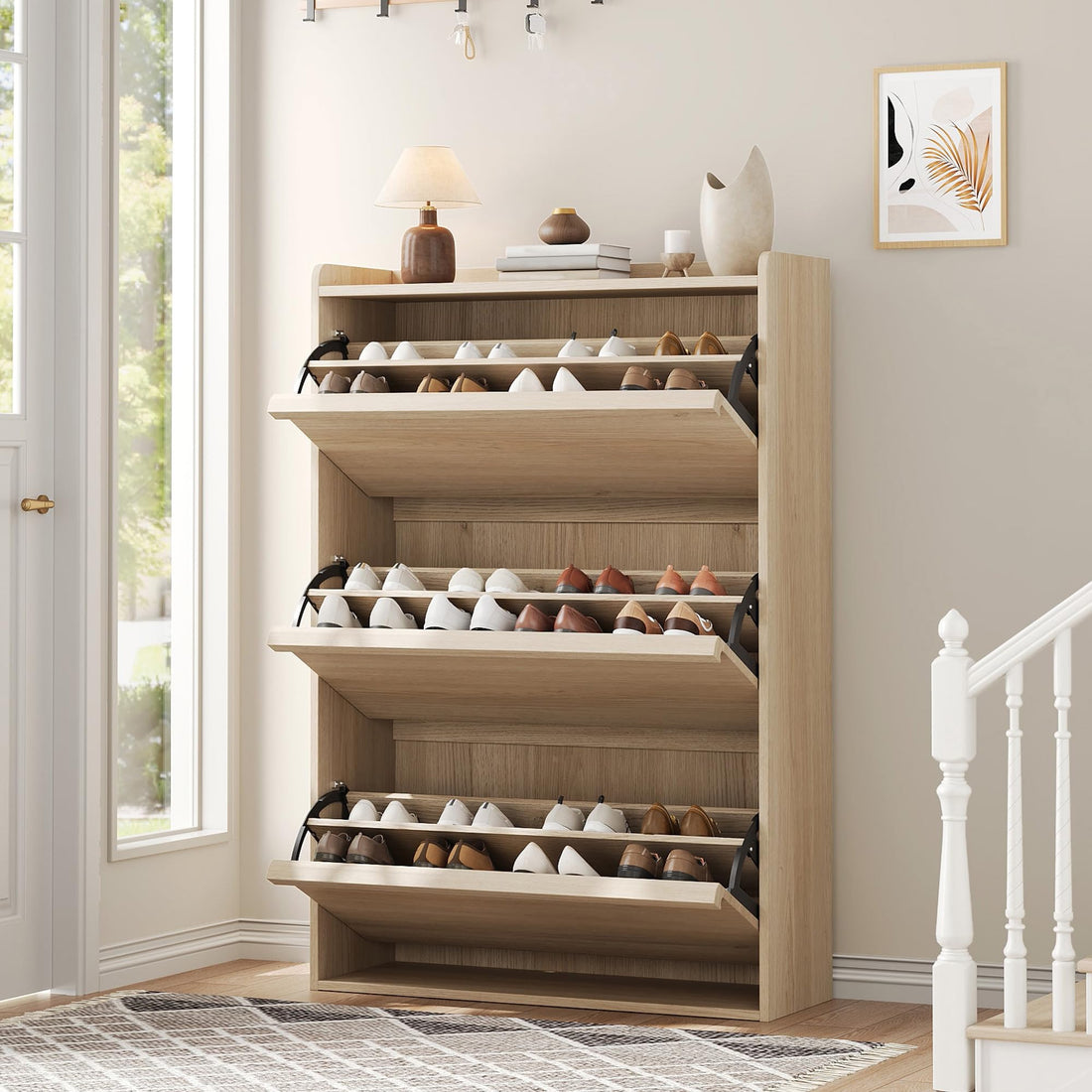 Garvee Meuble à chaussures 3 tiroirs abattants, MDF chêne naturel, 80,5×25,9×117,1cm, étagères réglables pour entrée et salon