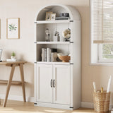Garvee bibliothèque avec portes arquées 182 cm, bois MDF, protection métallique, 3 étagères pour salon et bureau, naturel - Blanc vieilli