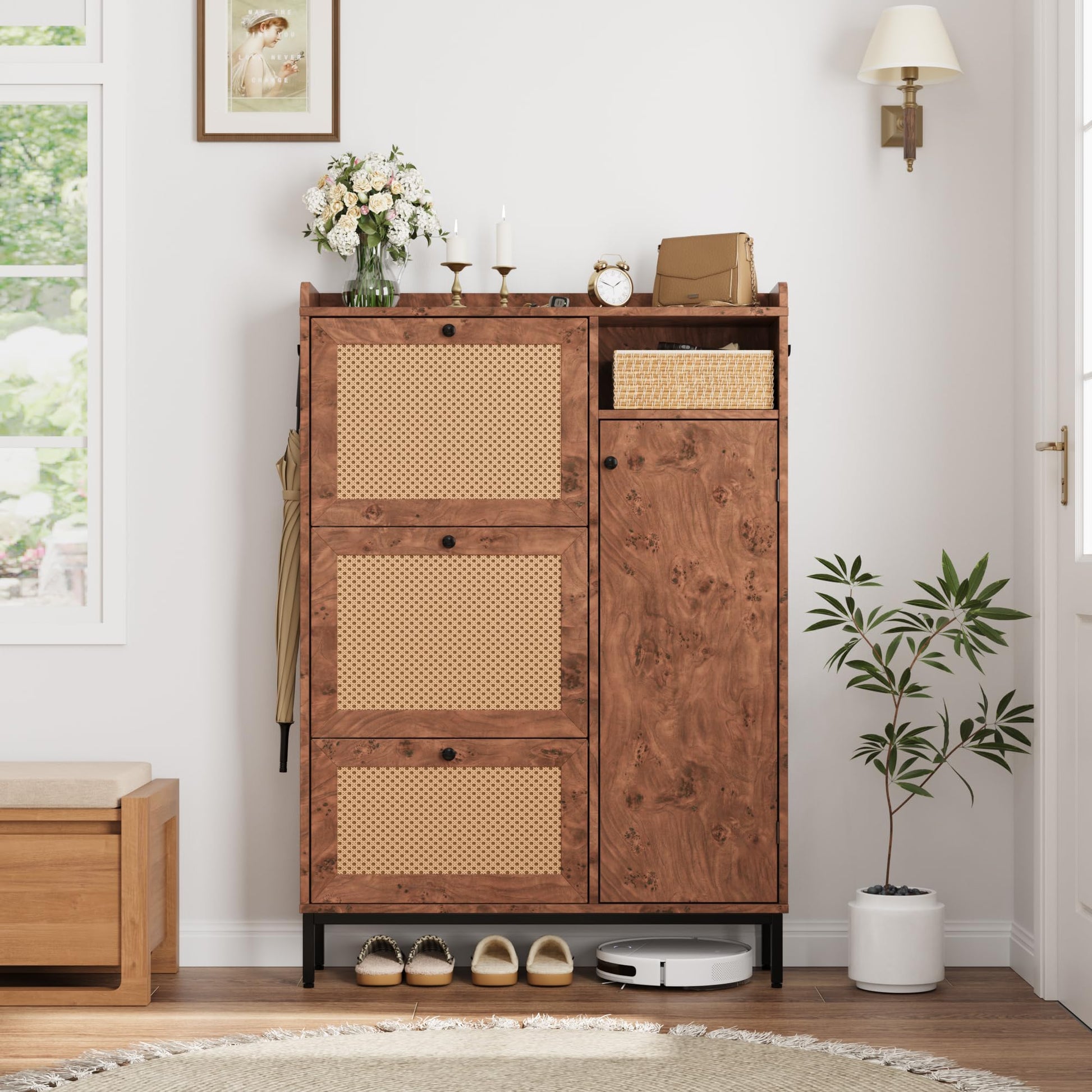 Meuble à chaussures Garvee en rotin avec 3 tiroirs pliants, étagères réglables pour entrée et couloir, pieds en métal et MDF