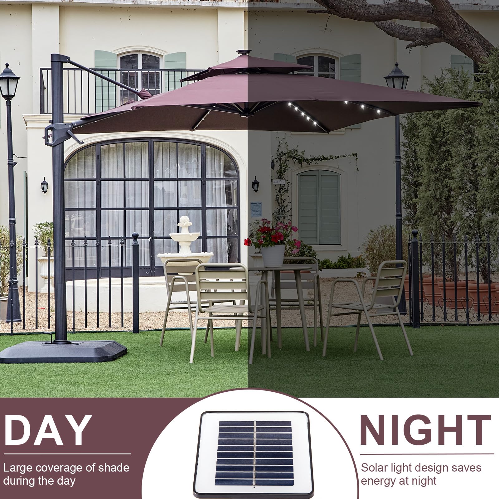 Parasol rectangulaire GARVEE 300 cm x 270 cm avec pied et base inclus, éclairage LED solaire, grand parasol déporté, parasol de terrasse, rotation à 360°, résistant au vent, pour jardin, terrasse et usage extérieur, marron