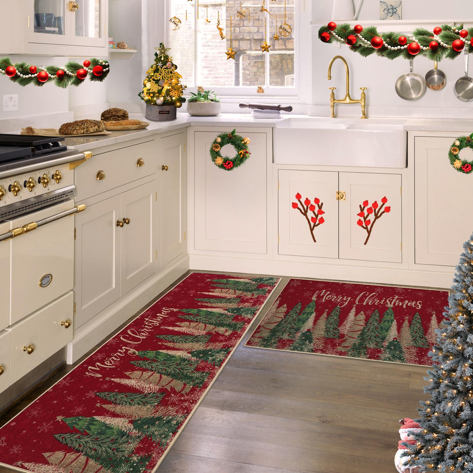 Ensemble de 2 tapis de cuisine Garvee motif sapin de Noël, antidérapants, imitation chanvre, 40 x 60 cm + 40 x 120 cm, design festif