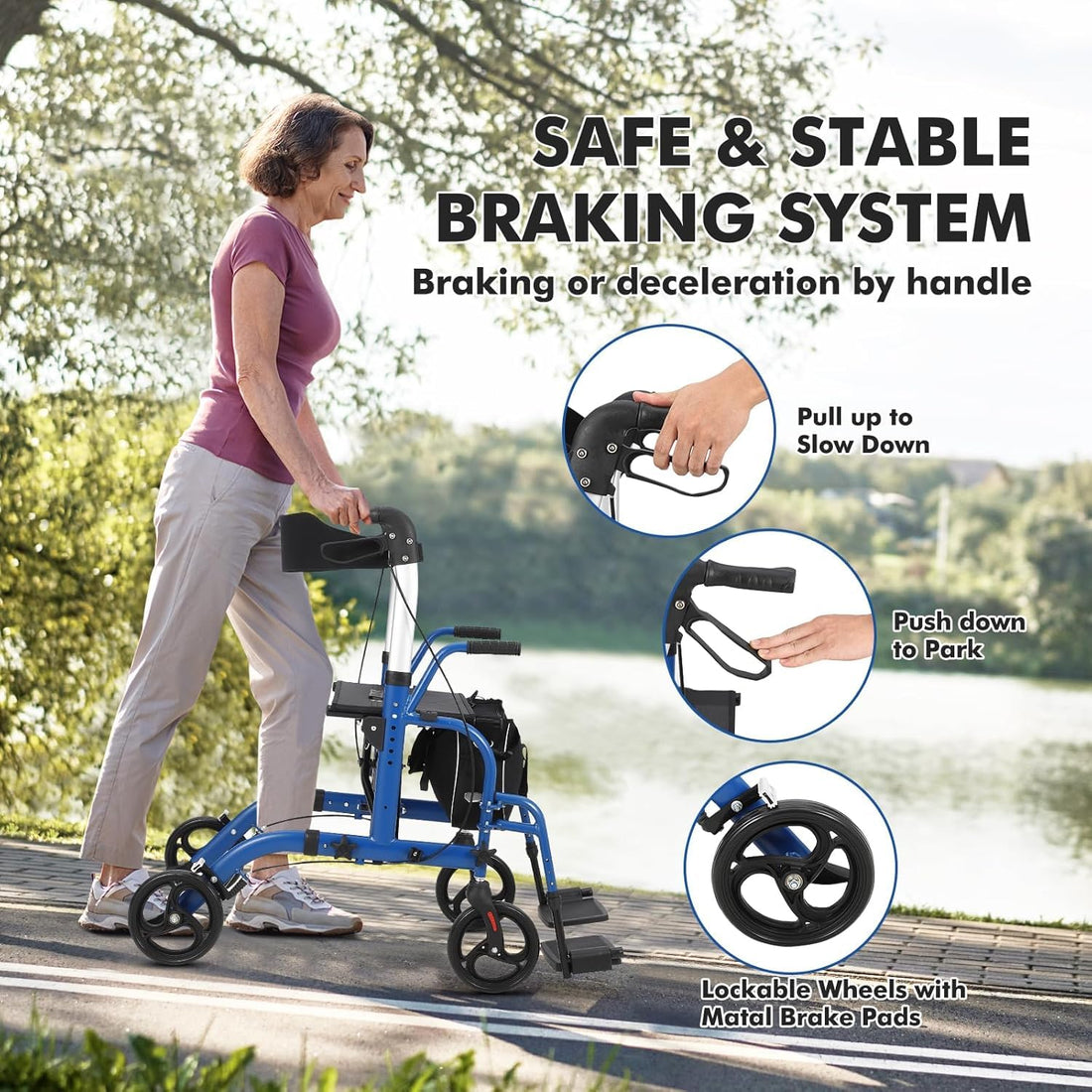Garvee Rollator 2 en 1 pour seniors, aluminium pliable, roues anti-crevaison 25 cm, accoudoirs et repose-pieds amovibles, intérieur/extérieur, bleu et noir