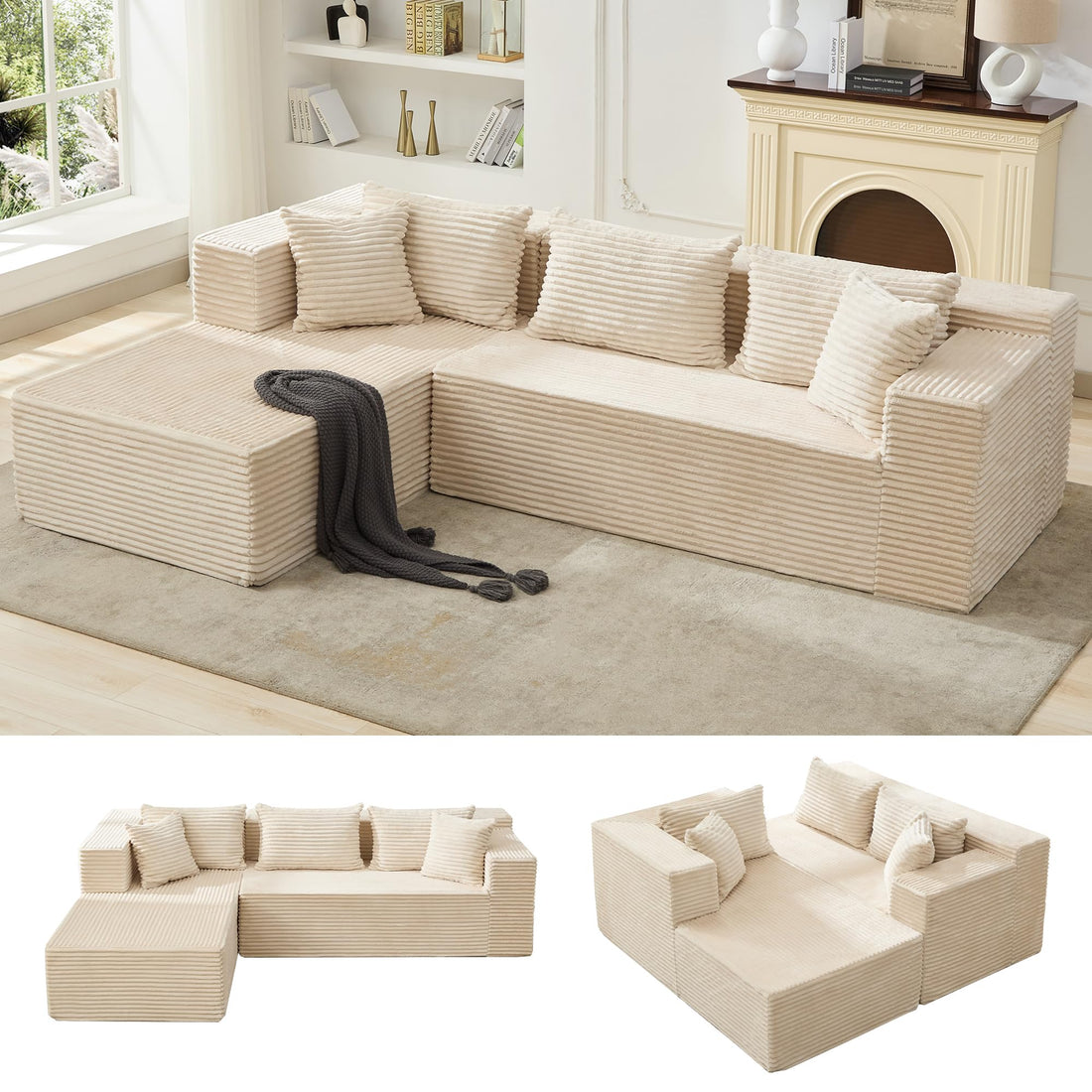Canapé d'angle modulable Garvee Cloud Couch 269 cm (106 po) avec assise profonde de 41,4 cm (16,3 po) et méridienne de 93,2 cm (36,7 po), revêtement en velours côtelé, structure sans armature, 5 coussins, salon, beige