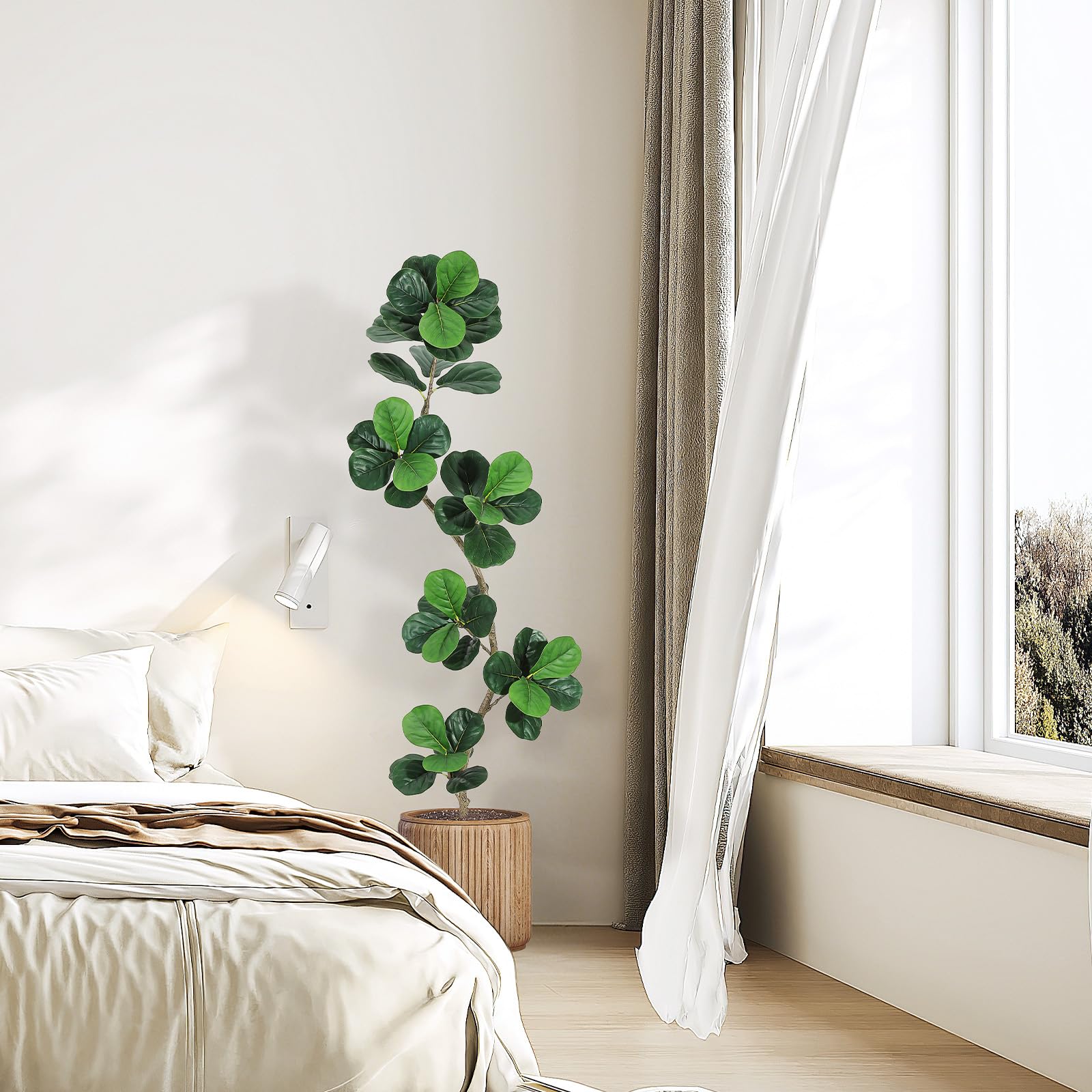 Garvee Ficus lyrata artificiel 183 cm en forme de S, pot blanc, feuilles en soie réalistes et branches ajustables, vert