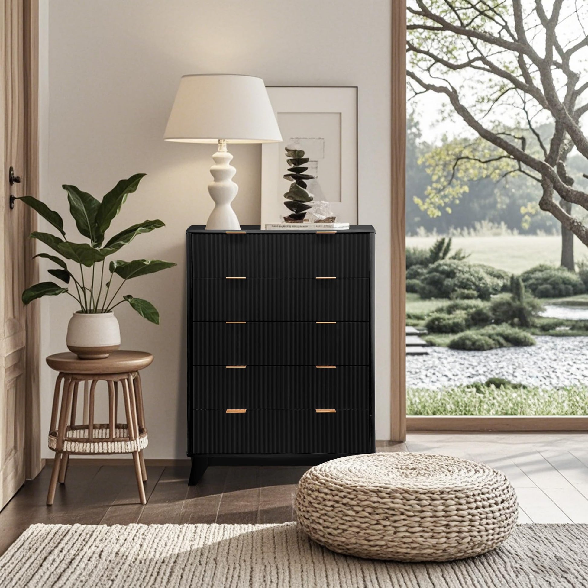Commode haute Garvee en bois, 5 tiroirs, design cannelé, MDF moderne, robuste, pour salon, chambre, chambre d'enfant, blanche