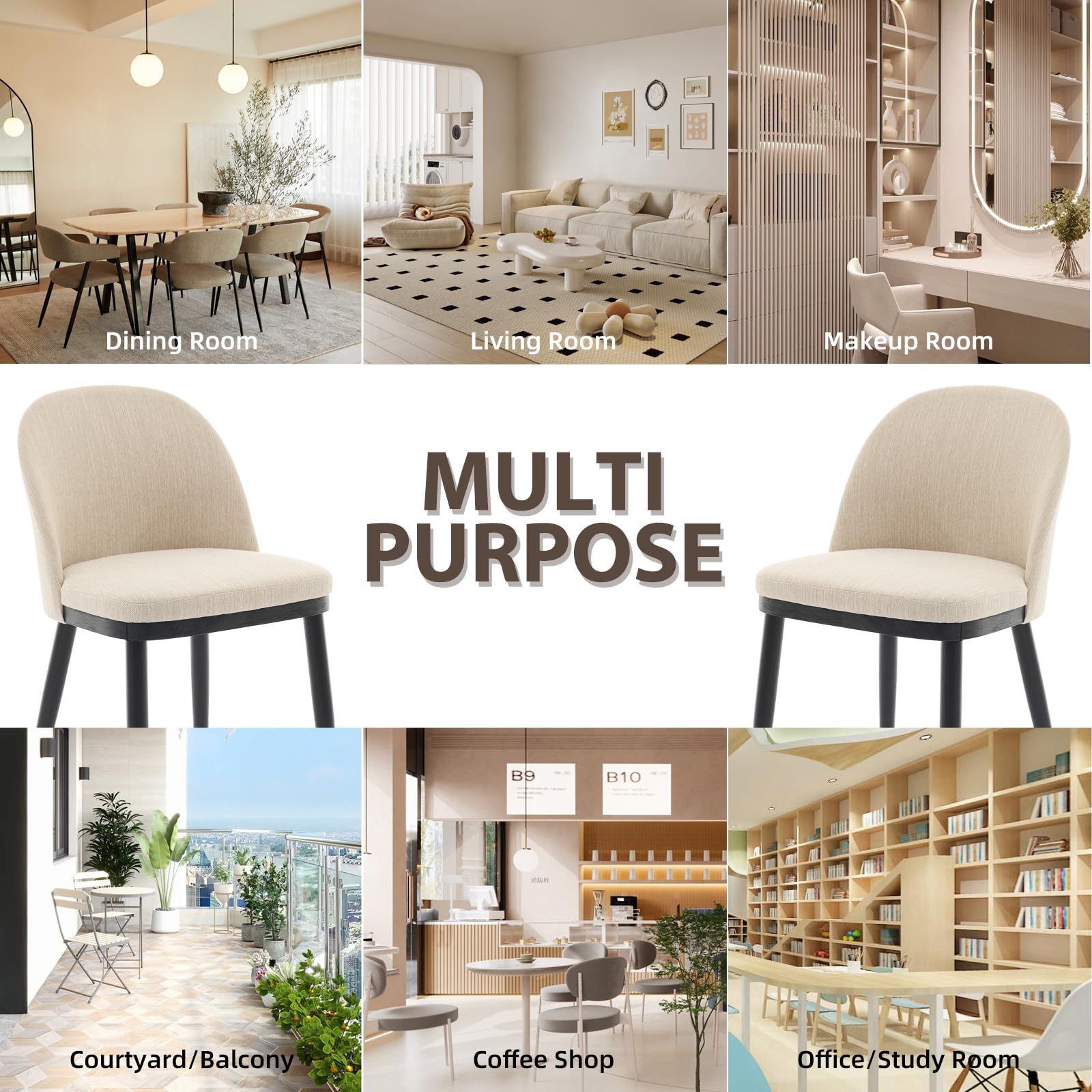 Chaises de salle à manger rembourrées Garvee, lot de 2, beige, style moderne, coussins épais, pieds en bois, dossier ergonomique, pour cuisine et café