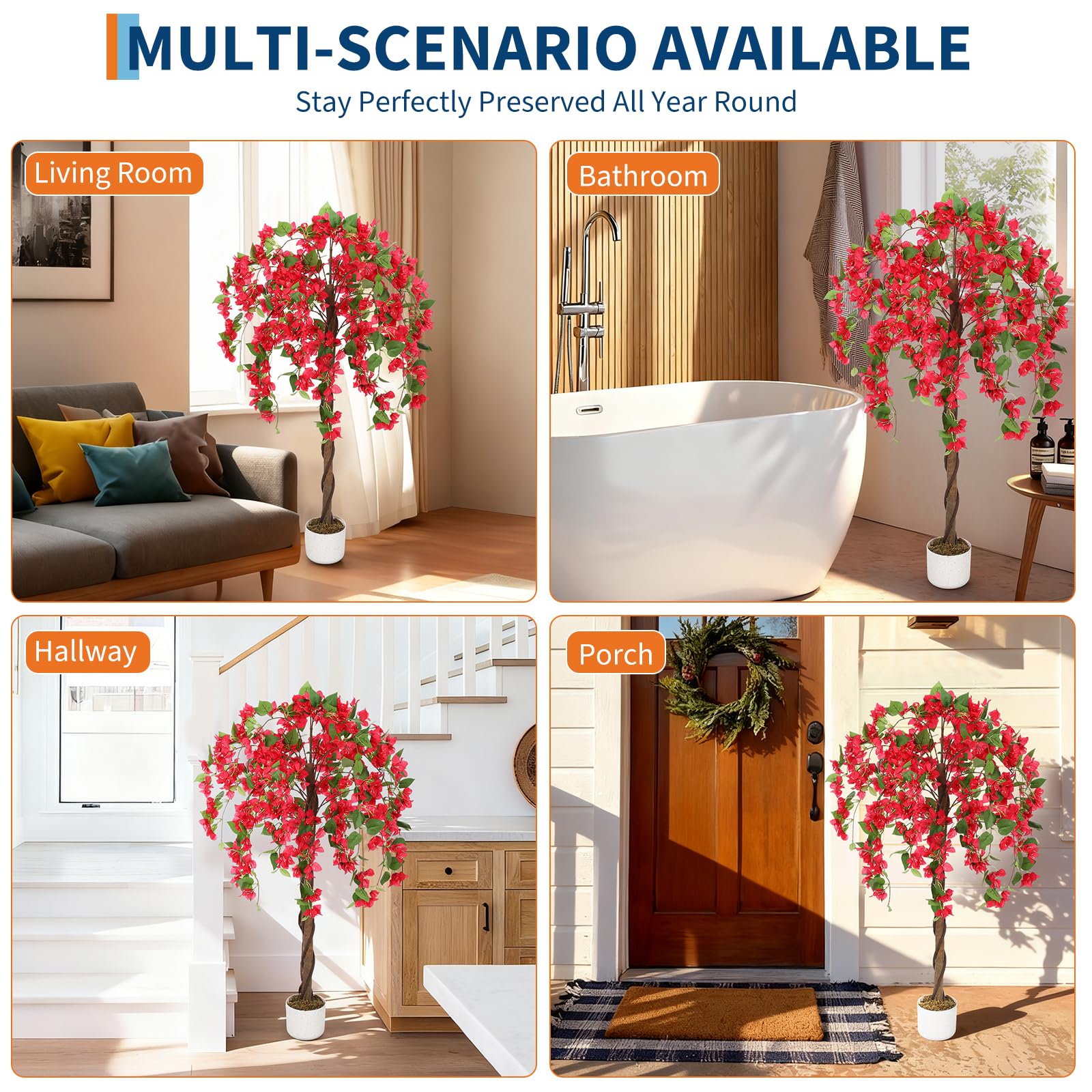 Bougainvillier artificiel Garvee de 1,20 m avec 168 fleurs rouges et tronc naturel, en polyester, facile d'entretien, stable, pot noir, pour salon et bureau