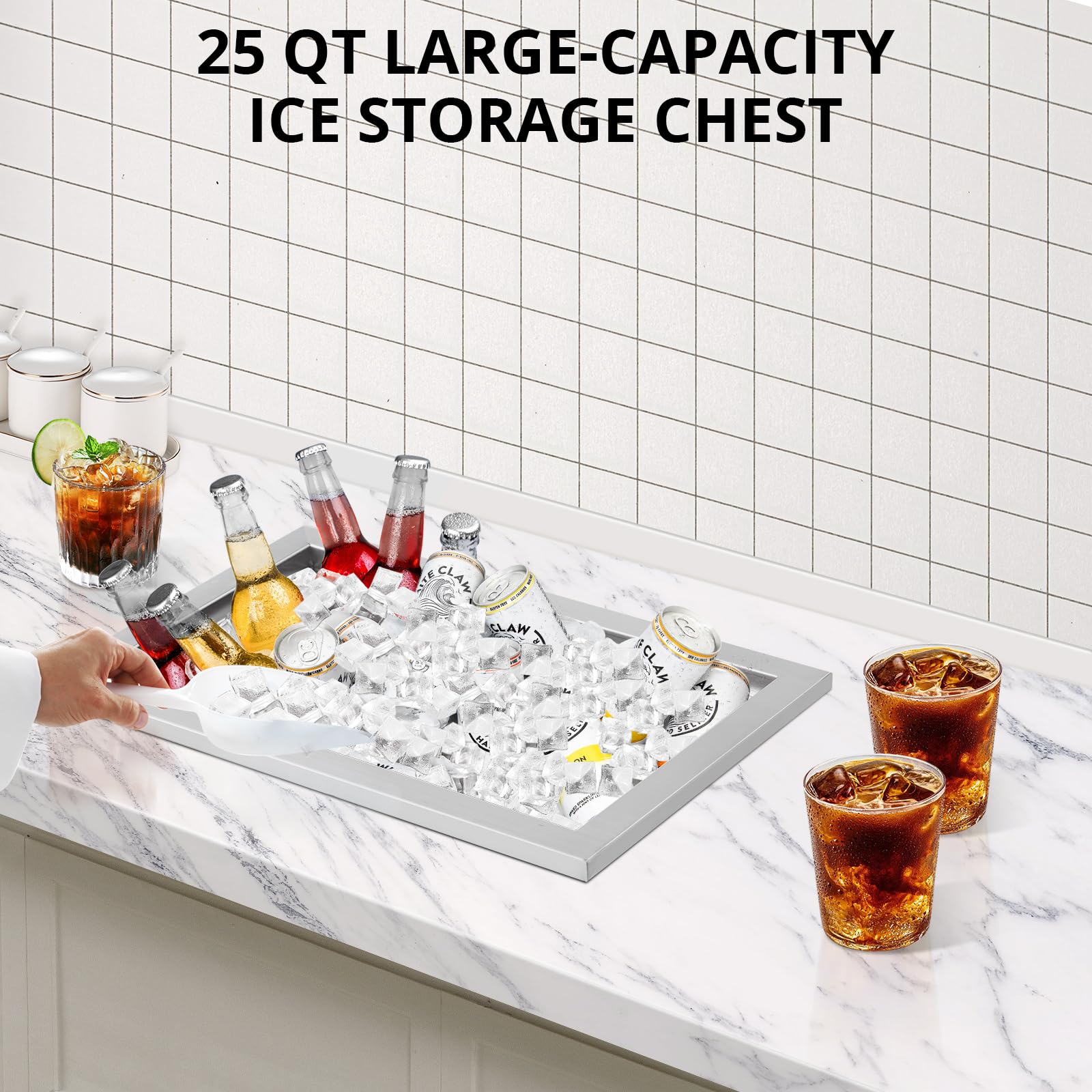 Garvee Bac à glace encastrable 24 L en acier inoxydable 304, couvercle portable, 51 × 33 × 30 cm, pour bar, barbecue et événements, argenté