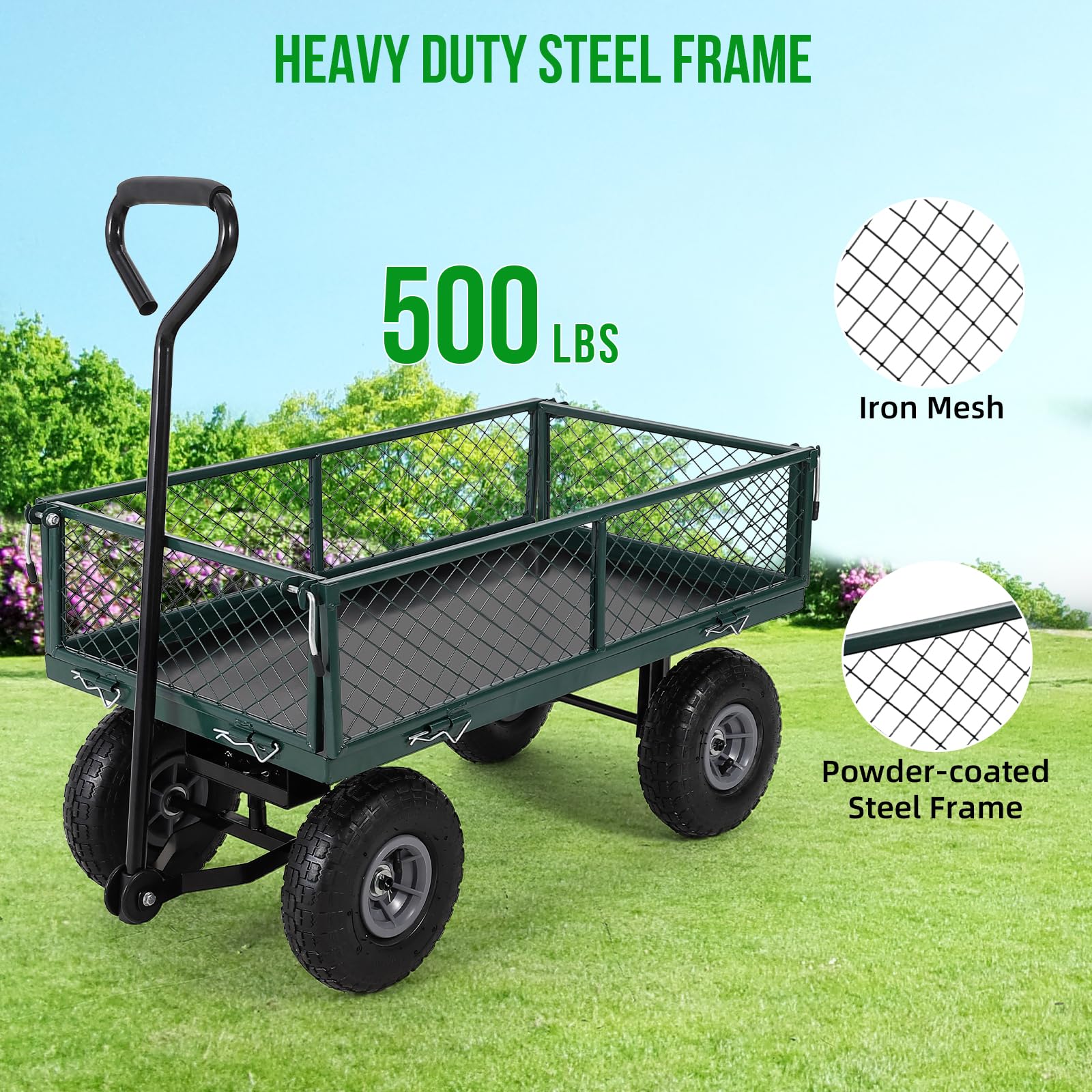 Chariot de jardin Garvee en acier robuste, pliable, capacité de 227 kg (500 lb), avec doublure amovible, pour jardin et cour, 81 cm x 42 cm x 45,5 cm (31,89 po x 16,54 po x 17,91 po), noir