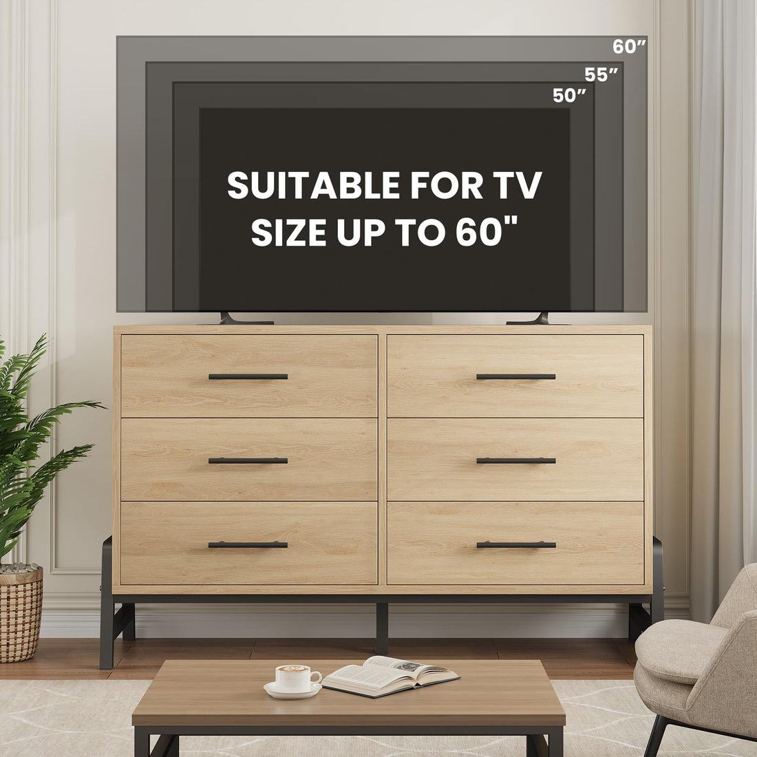 Garvee commode à 6 tiroirs, 132 cm de large, grand espace de rangement, meuble en bois autoportant, chêne naturel, chambre, salon