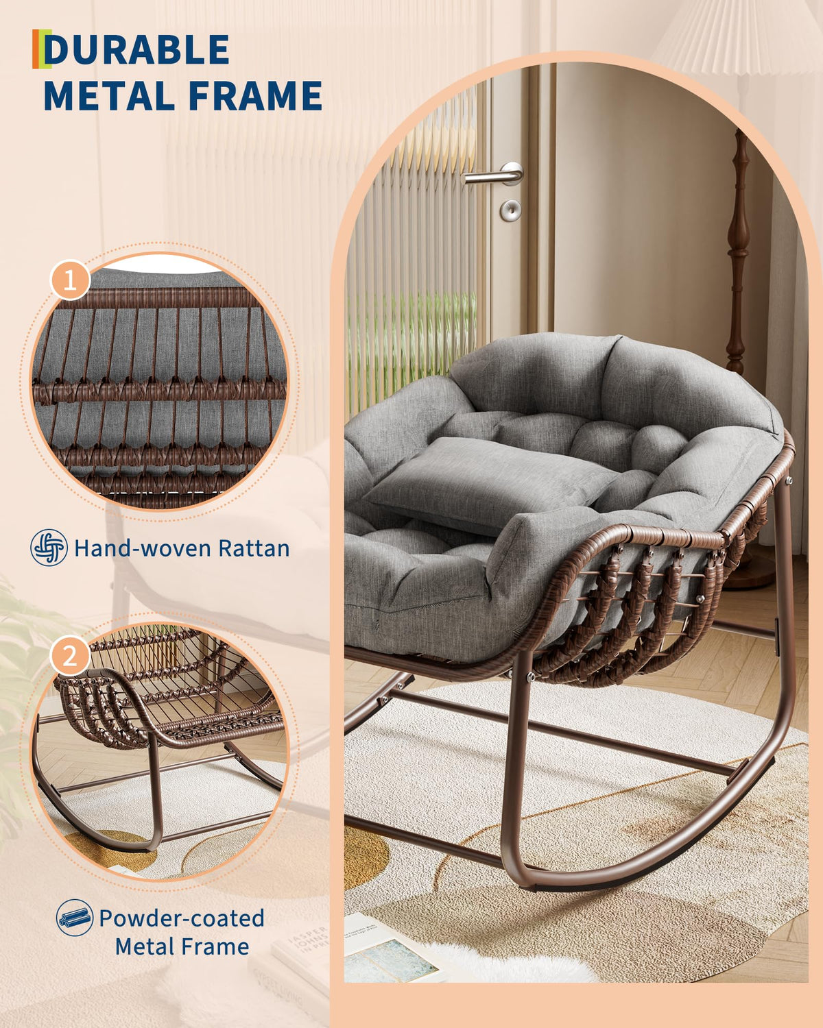 Garvee Fauteuil œuf à bascule intérieur extérieur, grand format, rotin effet naturel, coussin rembourré en oléfine résistante, jardin et patio, marron