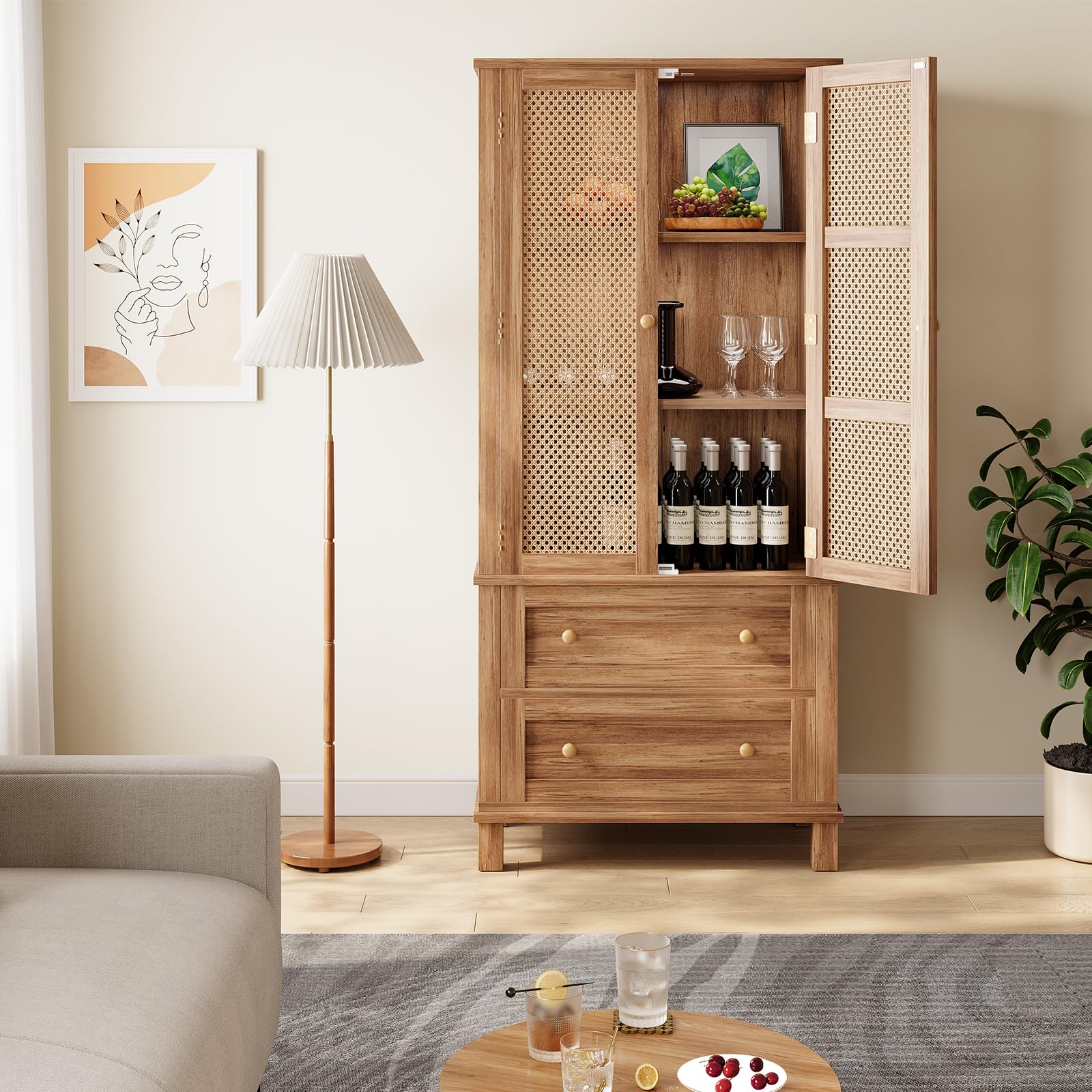 Meuble de rangement de cuisine Garvee avec 2 portes en rotin, 2 étagères réglables, hauteur 162,5 cm, en noyer, style campagnard, idéal pour le salon et la salle à manger.