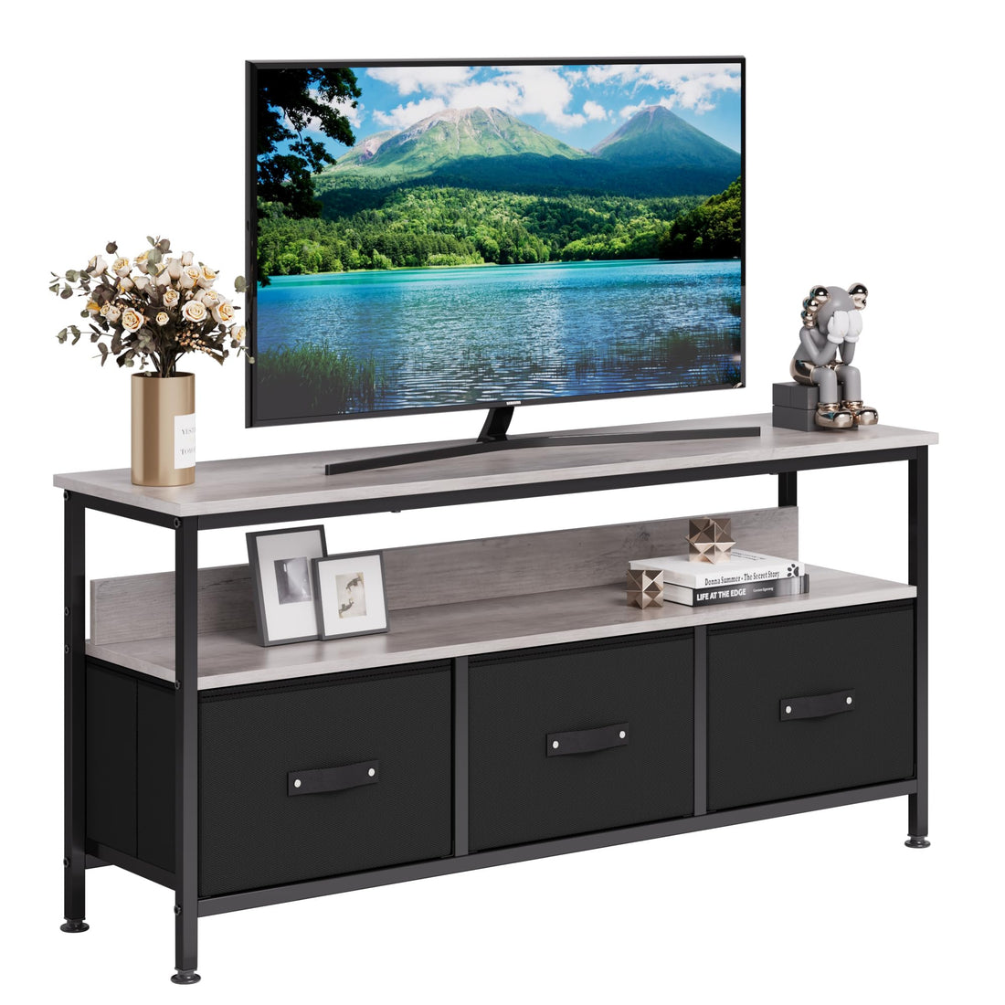 Commode/meuble TV Garvee 55 pouces avec tiroirs en tissu et pieds réglables pour salon et chambre, gris, en bois MDF robuste