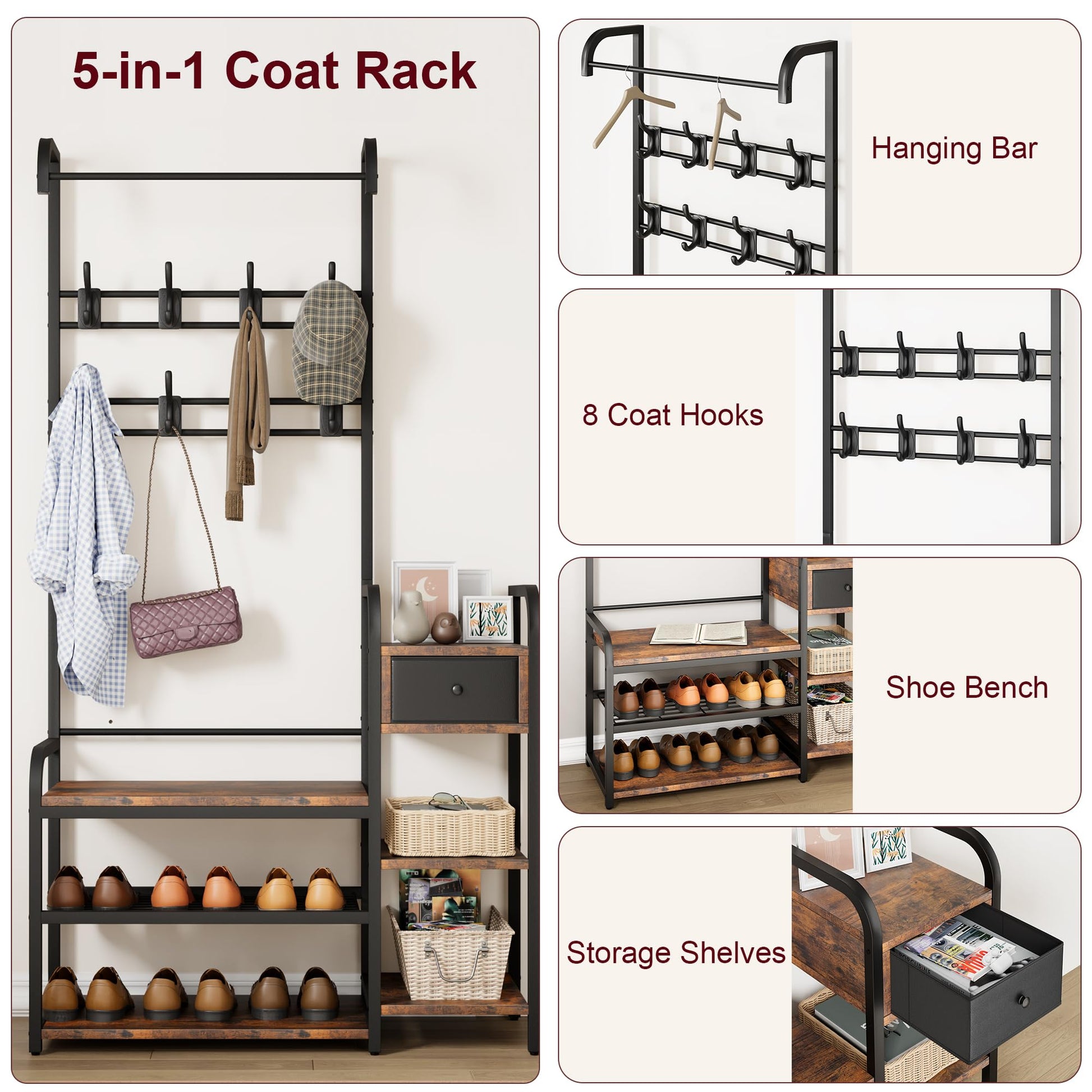 Armoire-penderie 3 en 1 Garvee avec étagère à chaussures et tiroir pour entrée et couloir, bois et métal, style ferme moderne, noir et blanc, gain de place