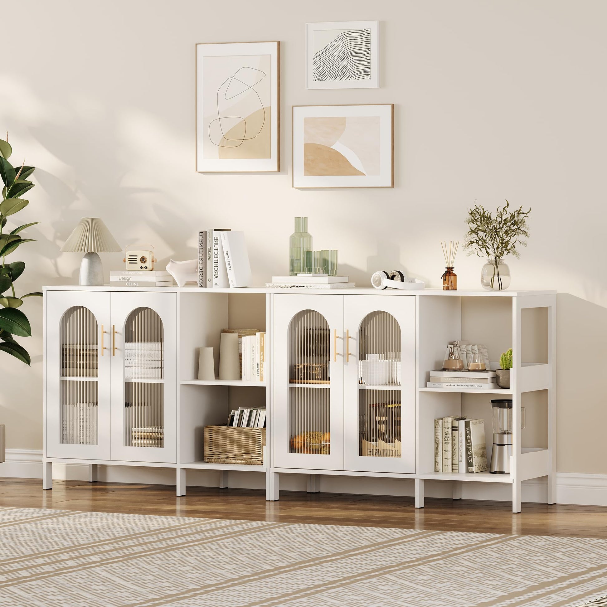 Garvee buffet avec portes vitrées, étagères réglables, MDF 3c, verre, poignées en métal, blanc moderne, pour le salon et la salle à manger