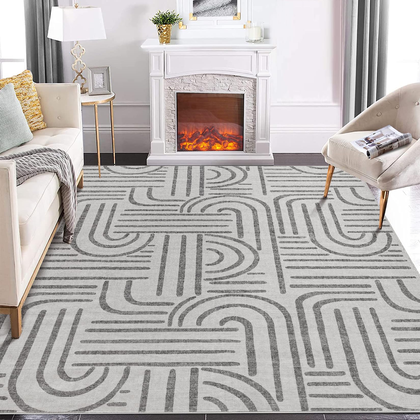 Tapis de salon Garvee 200x290 cm, lavable, antidérapant, à poils courts, gris, pour salon, chambre ou salle à manger