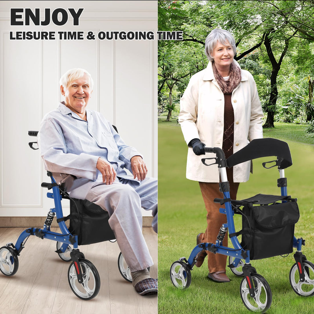 Garvee Déambulateur senior pliable en aluminium léger, roues 30 cm avec amortisseurs, siège rembourré, hauteur réglable, intérieur/extérieur, bleu et noir