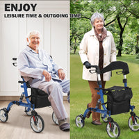 Garvee Déambulateur senior pliable en aluminium léger, roues 30 cm avec amortisseurs, siège rembourré, hauteur réglable, intérieur/extérieur, bleu et noir