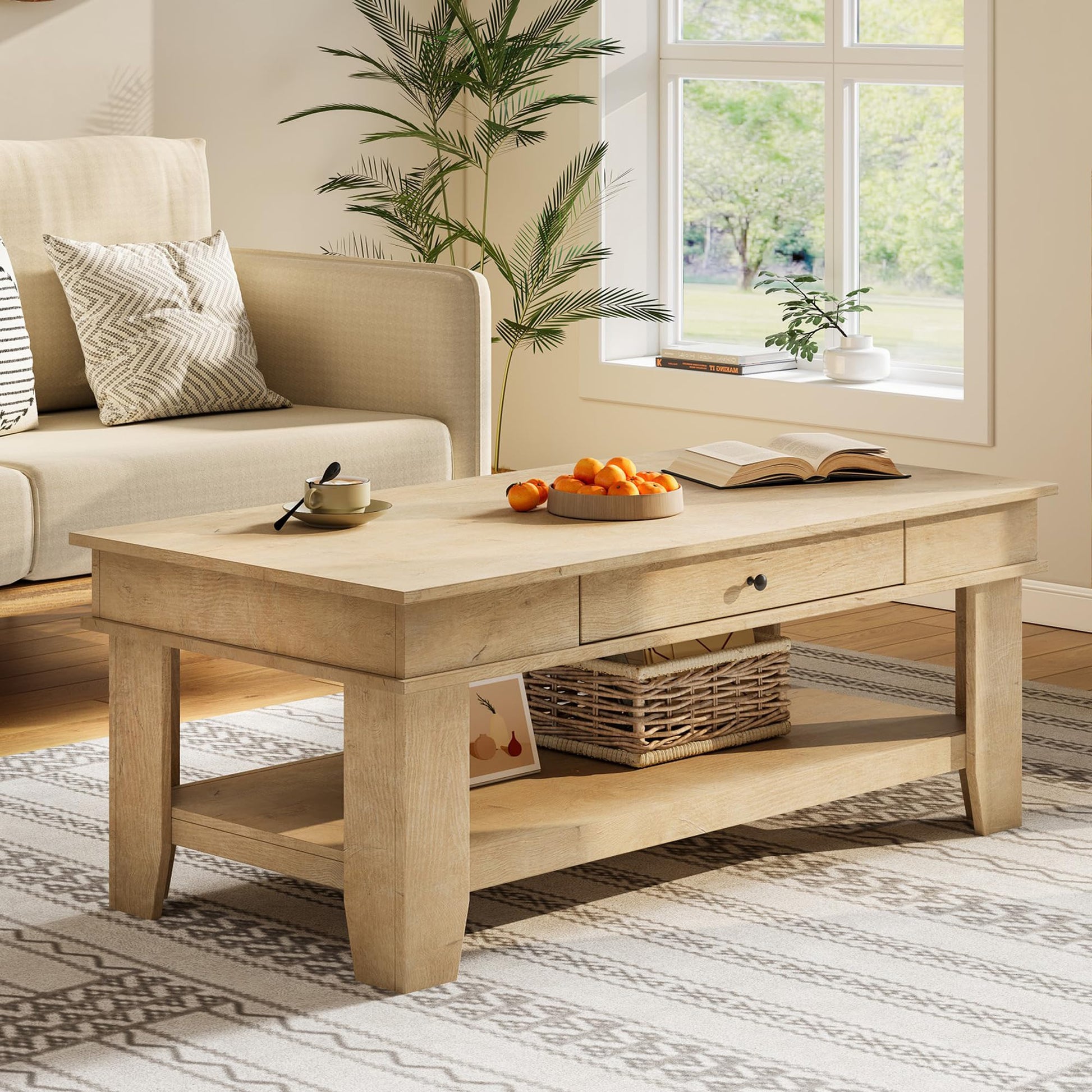 Table basse Garvee grand format avec tiroir, pieds en L, bois, 120 cm de long, salon, étagère ouverte, rangement