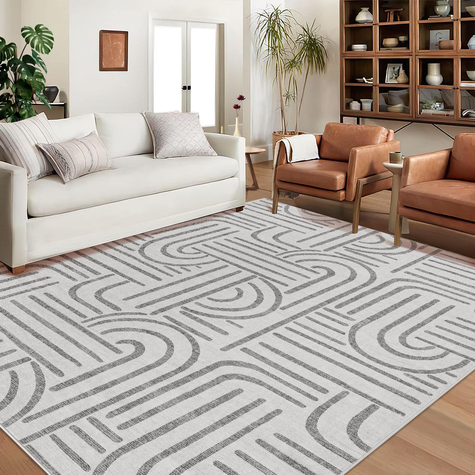 Tapis de salon Garvee 200x290 cm, lavable, antidérapant, à poils courts, gris, pour salon, chambre ou salle à manger