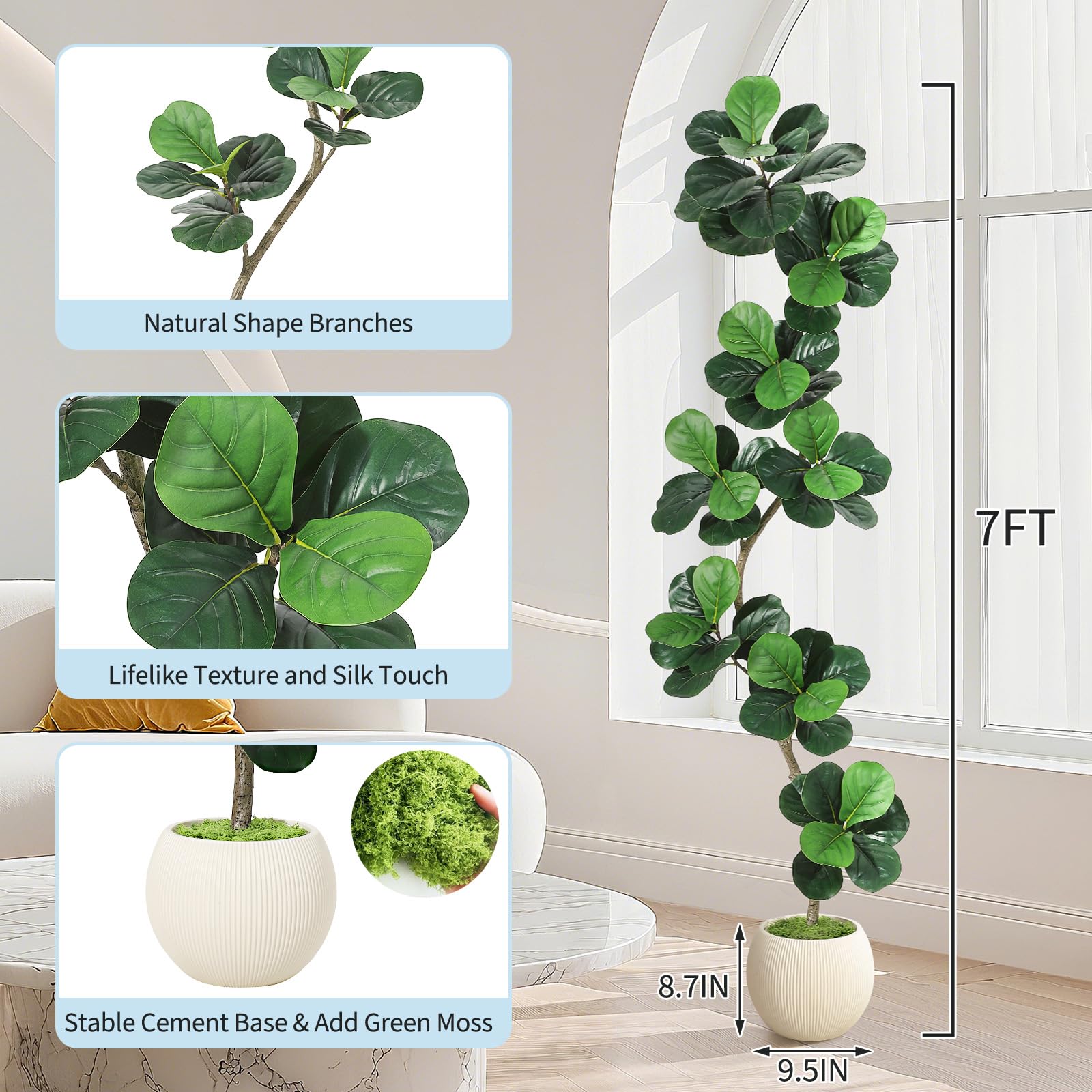 Garvee Ficus lyrata artificiel 213 cm en forme de S, pot blanc, feuilles en soie réalistes et branches ajustables, intérieur et extérieur