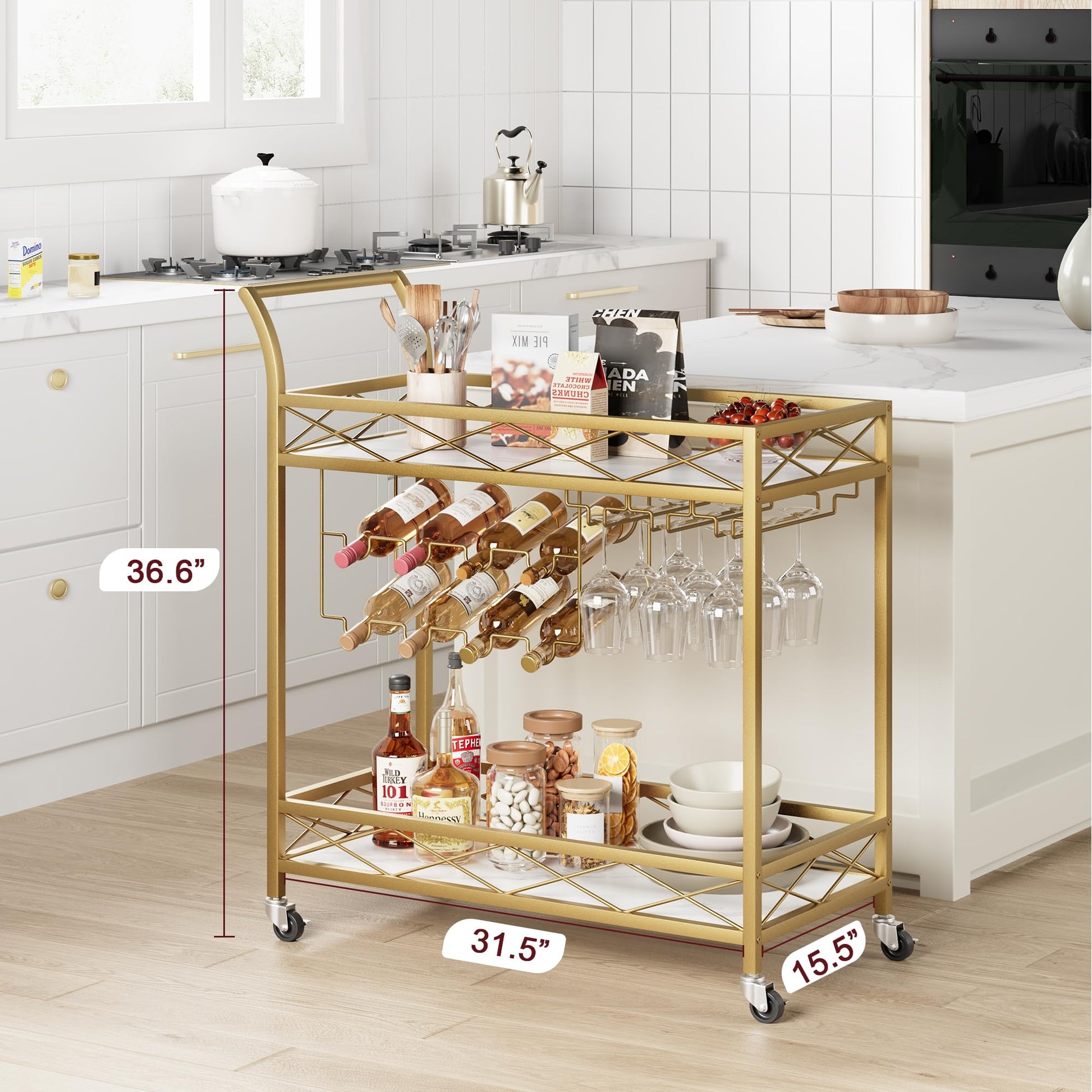 Chariot de bar Garvee Gold avec 2 étagères, casier à vin et porte-verres, structure en fer, étagères en marbre blanc et bois, 4 roues, pour cuisine et salon