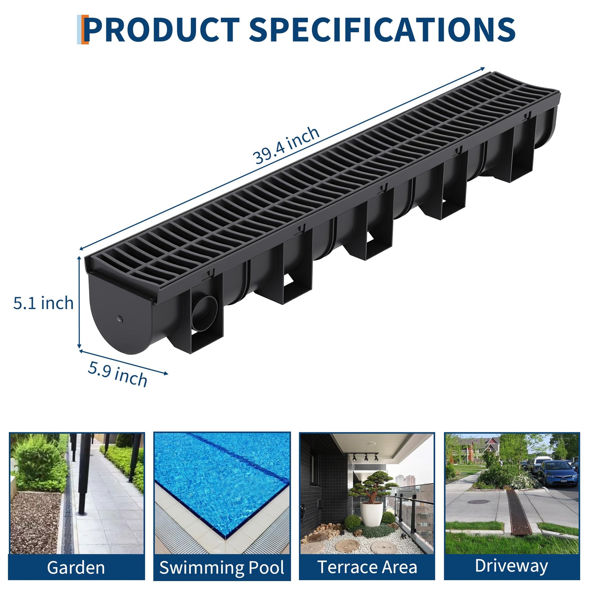 Système de caniveau Garvee en plastique PEHD, capacité de charge A125, grille en plastique, ensemble de 3 pièces pour jardin et terrasse