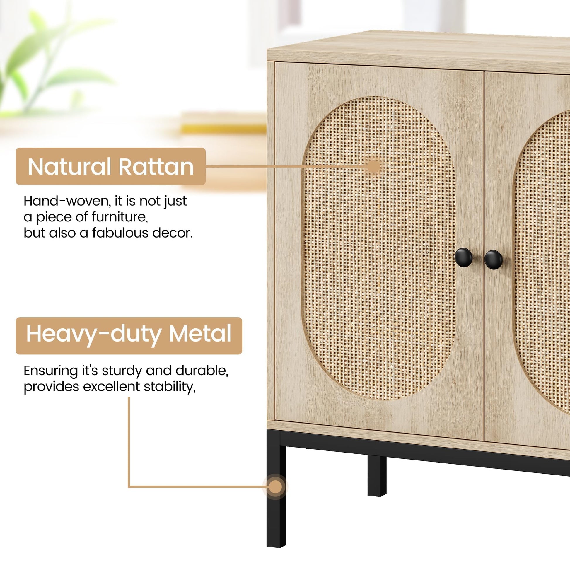 Buffet Garvee avec portes en rotin, double compartiment, pieds en métal, beige, idéal pour le salon et la cuisine.