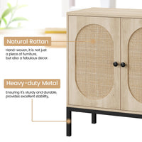 Buffet Garvee avec portes en rotin, double compartiment, pieds en métal, beige, idéal pour le salon et la cuisine.