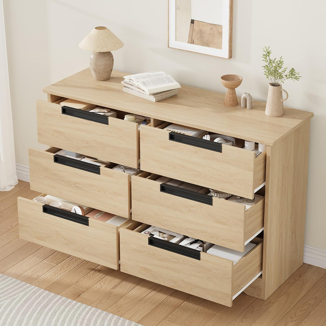 Commode moderne en bois Garvee à 6 tiroirs avec poignées encastrées pour chambre et salon, robuste et polyvalente