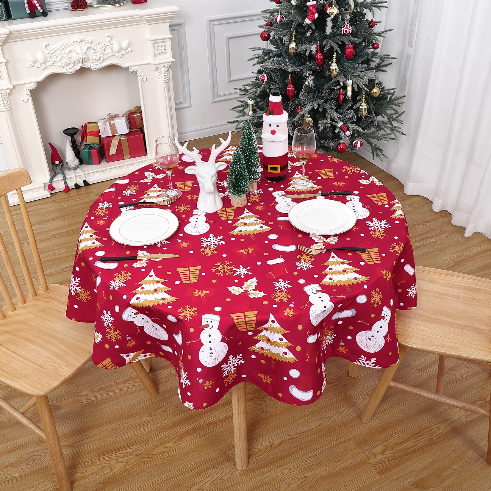 Nappe Garvee Kerst imperméable à motif bonhomme de neige, verte moderne, ronde, 152 cm (60 pouces), idéale pour la cuisine, le salon, les fêtes et les buffets.