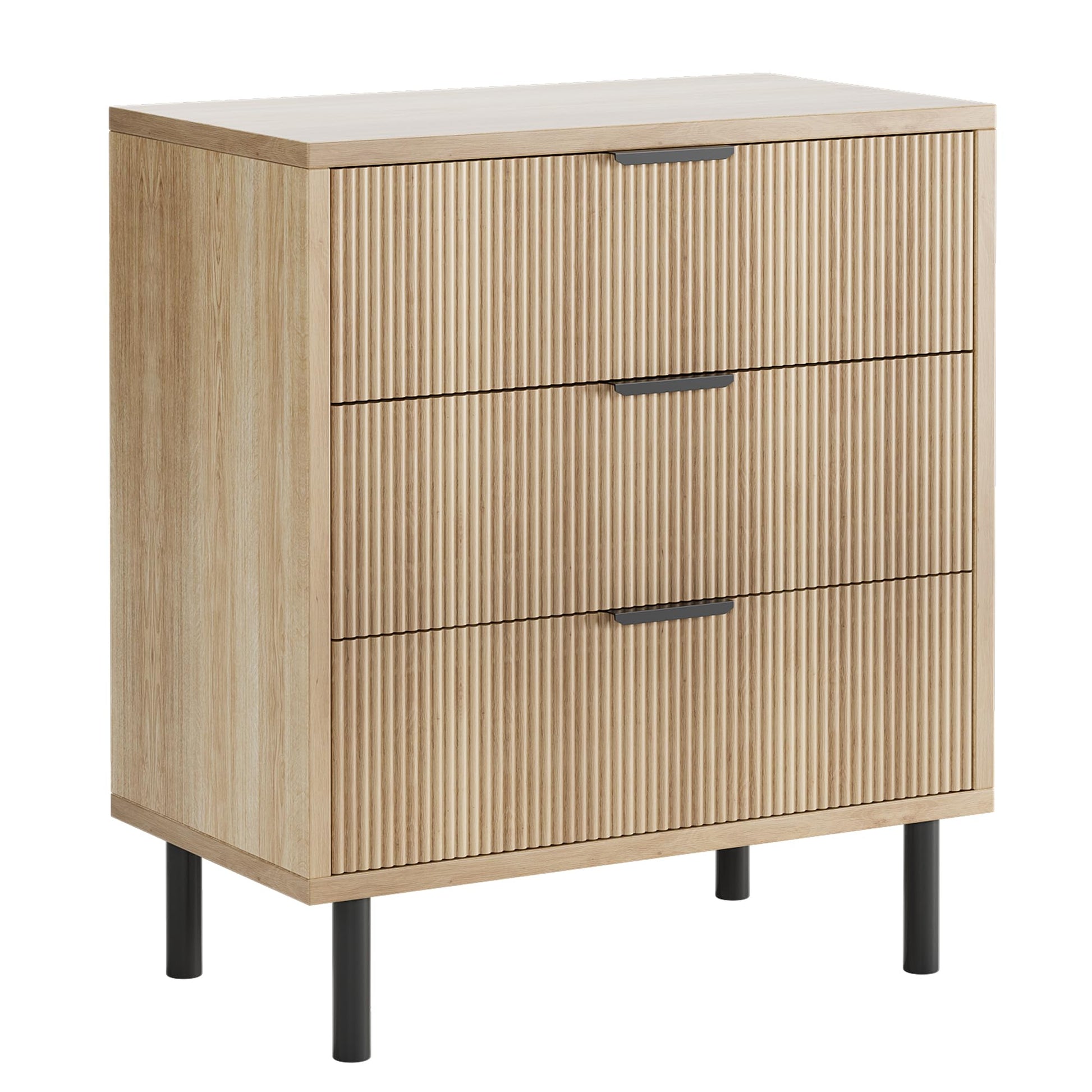 Garvee commode en chêne, 3 tiroirs, design cannelé, pieds en métal, protection anti-basculement, pour la chambre et le salon, noir
