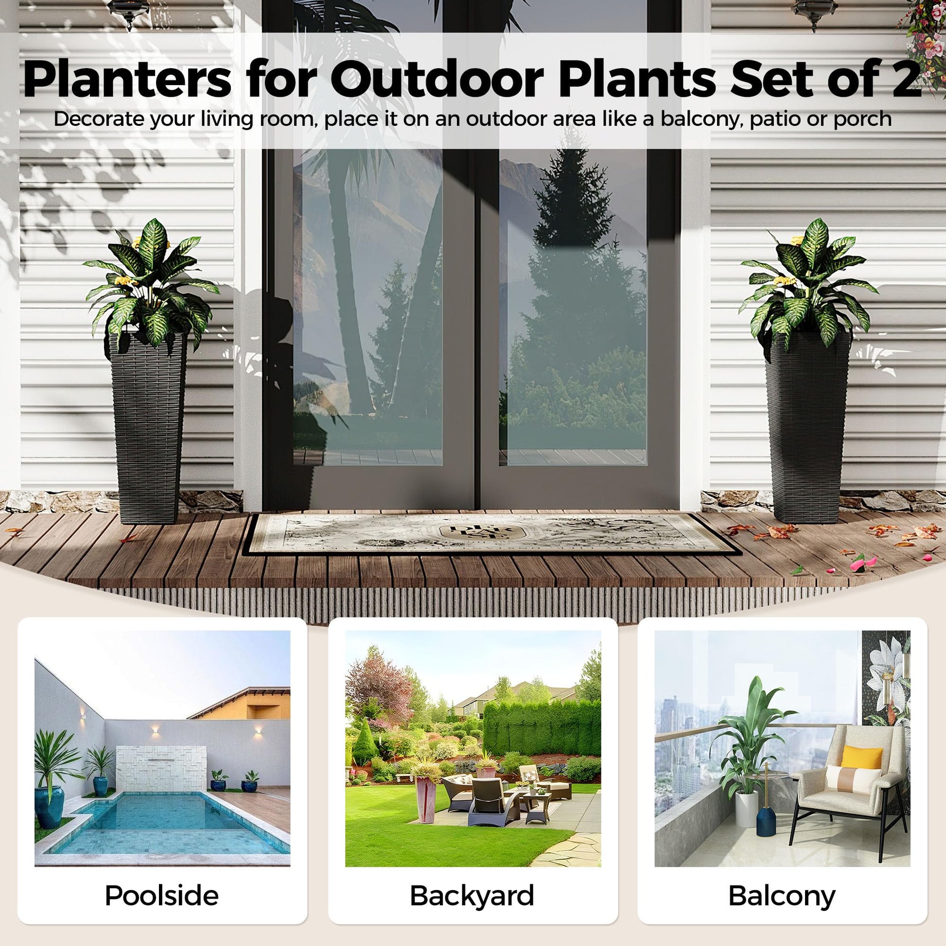 Garvee Lot de 2 jardinières hautes, 61 cm (24 pouces), avec 4 trous de drainage, résistantes aux intempéries, aspect rotin, plastique PP, pour jardin et terrasse, noires