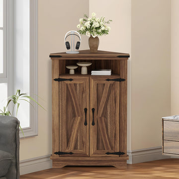 Meuble de salle de bain d'angle Garvee avec portes coulissantes de style grange, étagères réglables, MDF, grand espace de rangement, conception robuste, marron, idéal pour les petits espaces