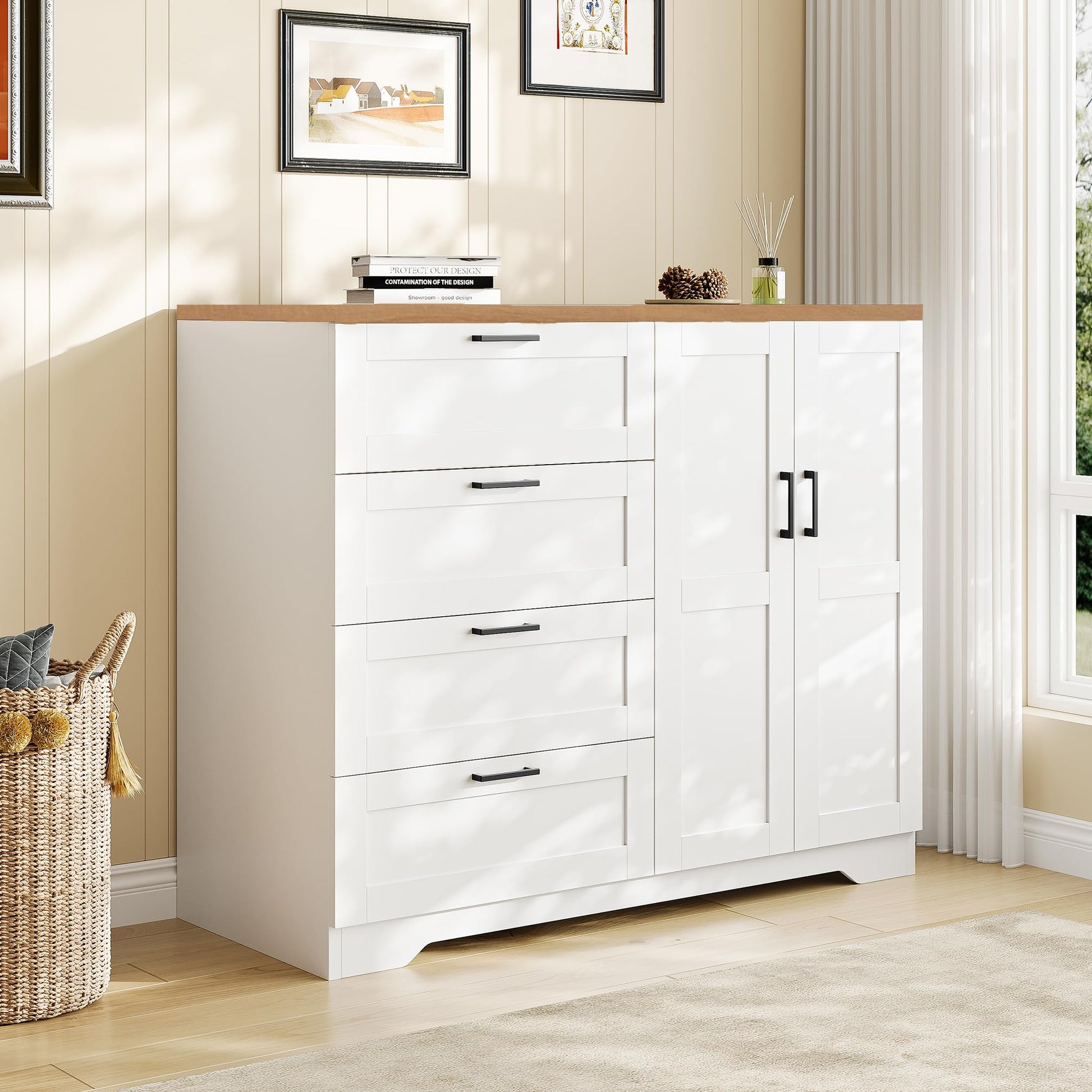 Garvee commode/armoire multifonctionnelle en bois avec 2 portes et 4 tiroirs pour chambre et dressing, imperméable, bois naturel