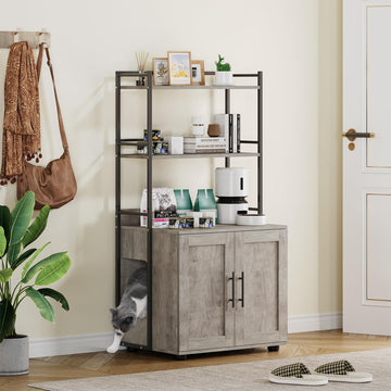 Meuble pour litière Garvee avec étagères de rangement, meuble 2 en 1 pour chat, MDF et fer, gris, pour usage intérieur, 3 étagères, robuste et sans odeur