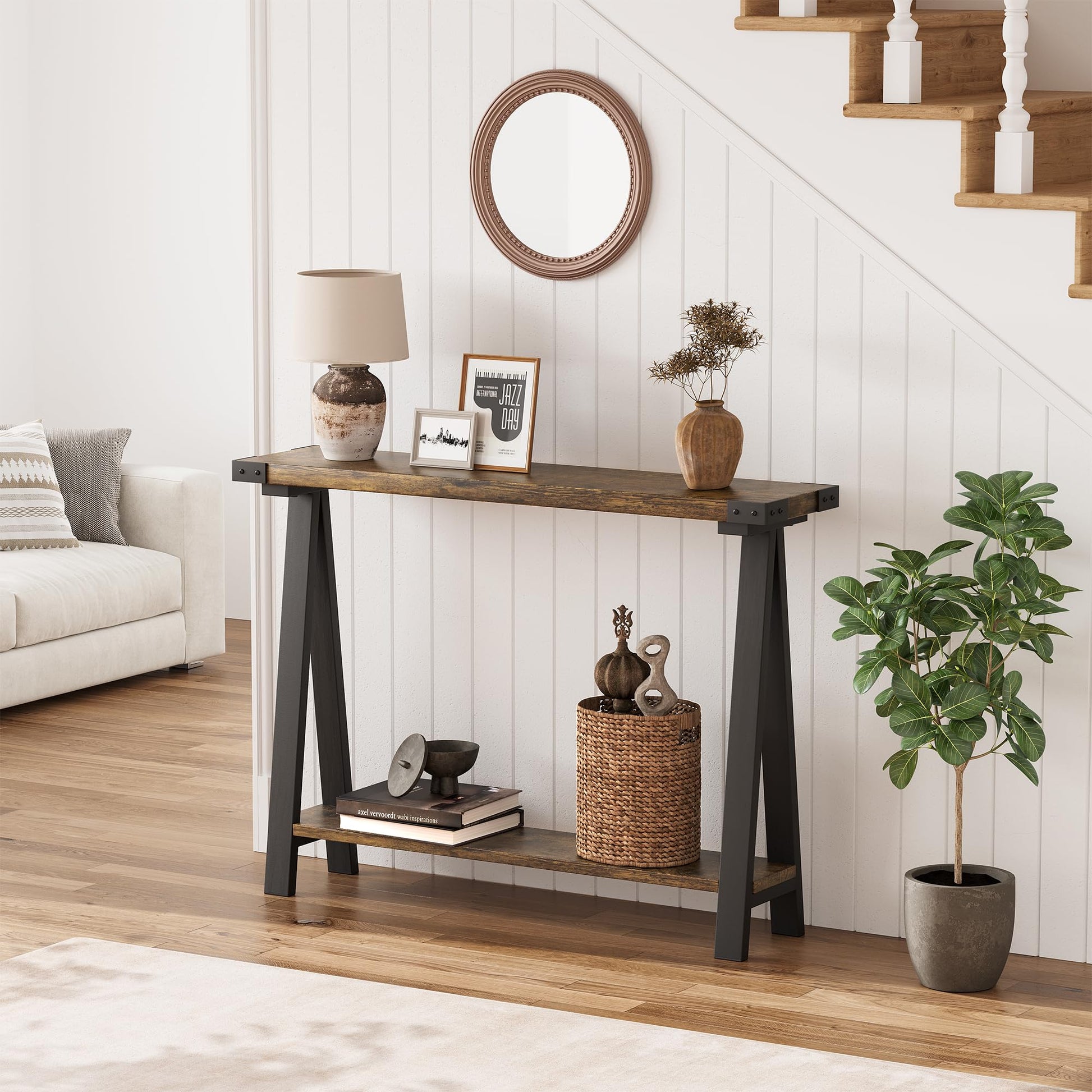 Console Garvee pour entrée, 2 niveaux avec rangement, pieds en forme de R, bois, 110 cm, salon et bureau, étroite, polyvalente