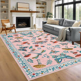 Garvee Tapis lavable moderne motifs floraux et insectes, antidérapant, polyester, pour chambre d’enfant et salle à manger, pliable, multicolore - Rose