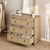 Commode en rotin Garvee 74 cm (29 po) - Bois - 3 tiroirs - Robuste - Grand espace de rangement - Salon - Chambre d'enfant