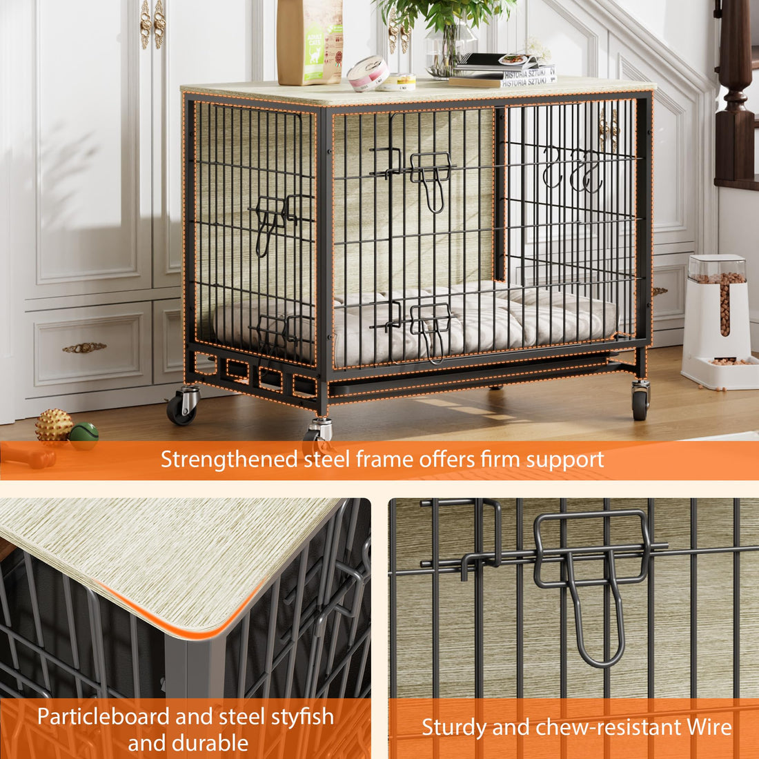 Garvee Cage pour chien 69 cm en bois avec roulettes et double porte, pour chiens de petite et moyenne taille, intérieur gris rustique