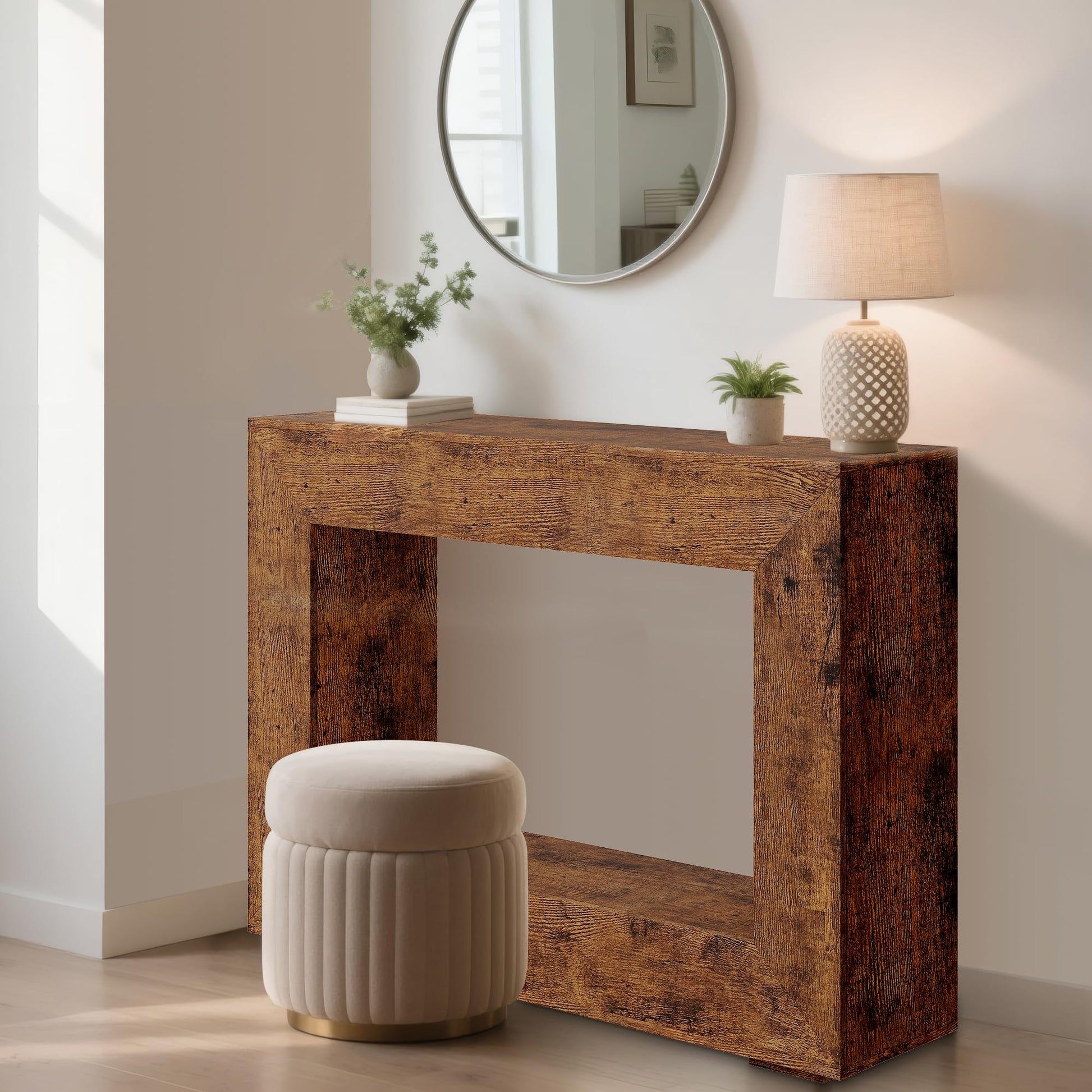 Console Garvee style ferme, 119 cm (47 pouces), style rustique vintage, étagères ouvertes, bois haute densité résistant aux rayures, idéale pour un couloir ou un salon, couleur marron.