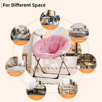 Fauteuil rond Garvee en fausse fourrure, style lune, avec structure métallique pliable, idéal pour la chambre et le salon. Assise surdimensionnée en peluche à motifs floraux. Robuste, léger et confortable.