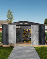 Garvee abri de jardin métallique 3 × 3,7 m gris foncé, porte verrouillable, toit incliné et fenêtres - Gris foncé