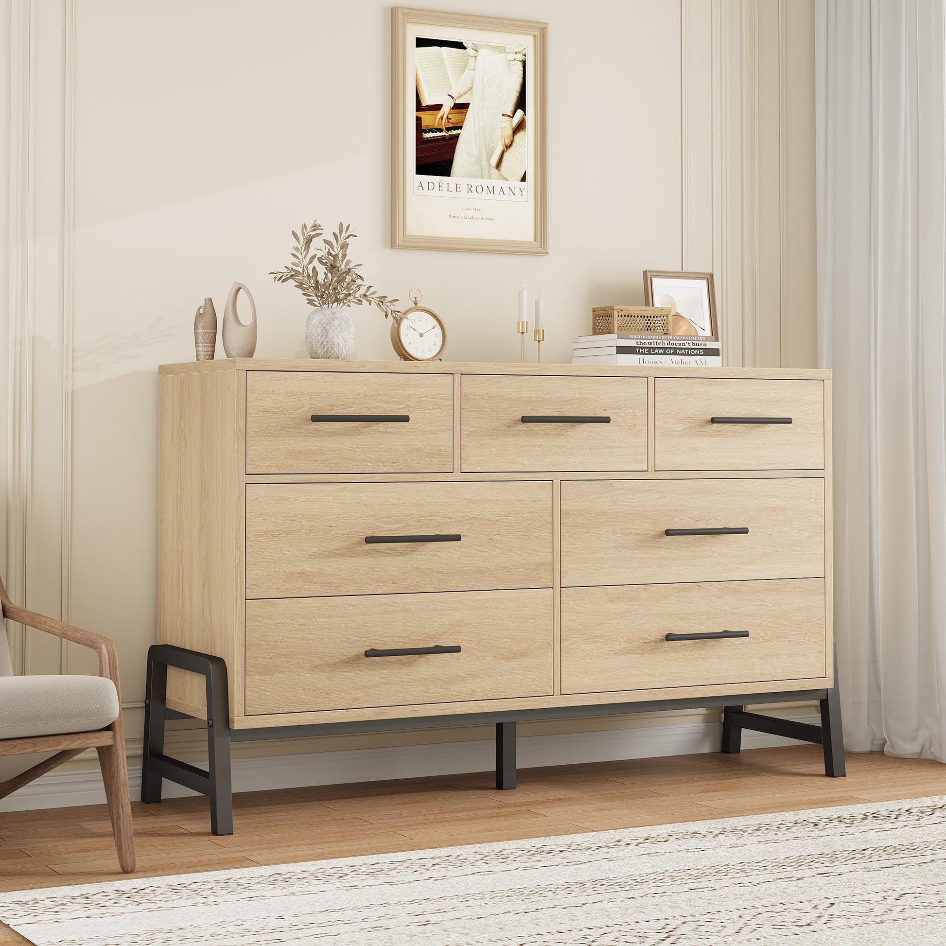 Commode Garvee à 7 tiroirs en MDF, table imperméable pour chambre et salon, design moderne et robuste, 132 x 41 x 81 cm, coloris naturel