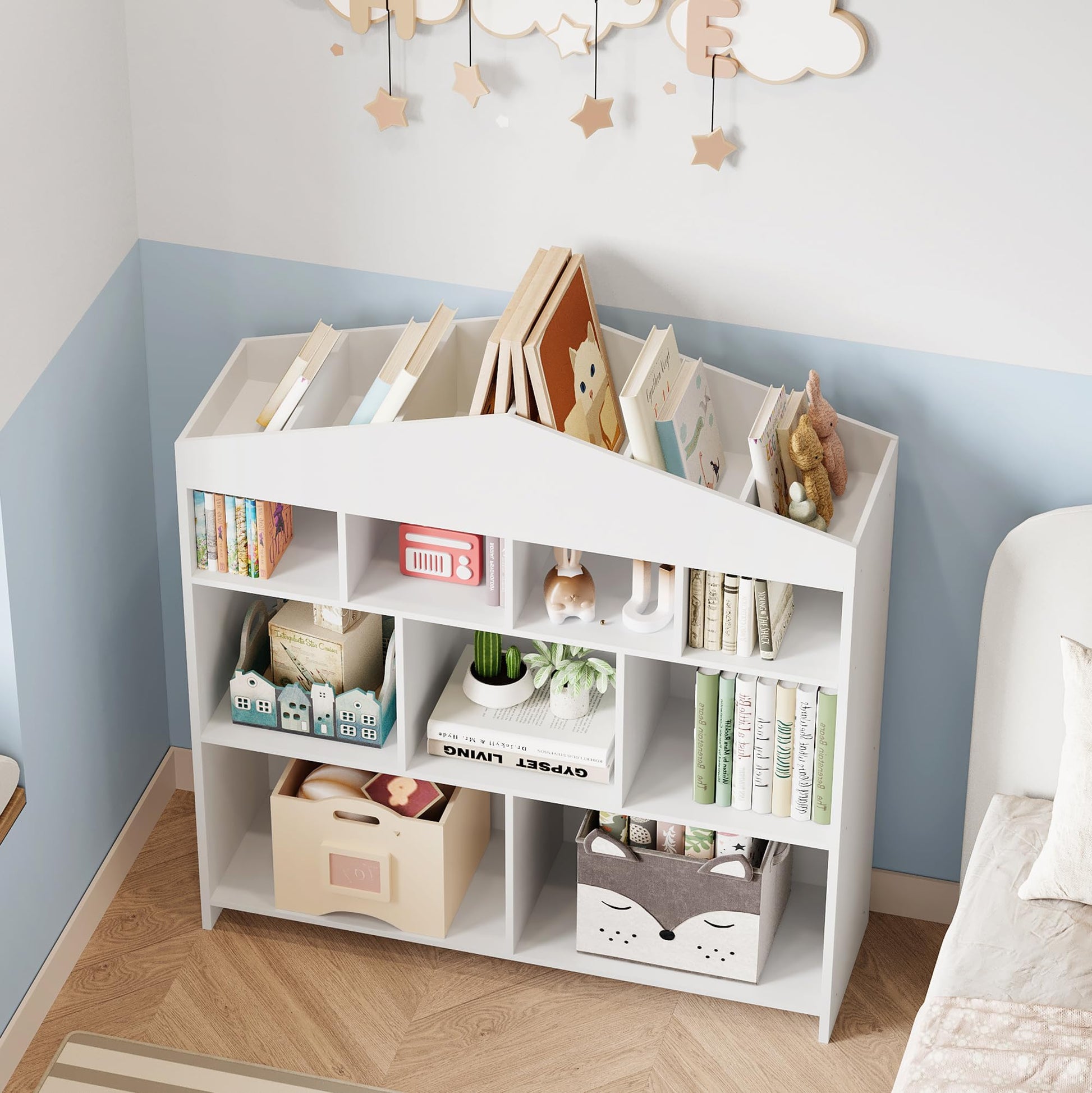 Étagère de rangement pour jouets Garvee, 9 compartiments, bibliothèque pour enfants, bois blanc, 103,5 cm, robuste, polyvalente, pour salle de jeux